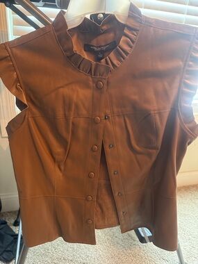 Marc New York Brown Faux Leather Ruffle Collar Snap-Front Vest